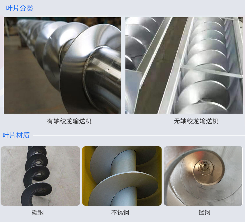 絞龍輸送機(jī)分為有軸和無(wú)軸絞龍輸送機(jī)，可根據(jù)物料不同選擇有碳鋼、不銹鋼、錳鋼等材質(zhì)。